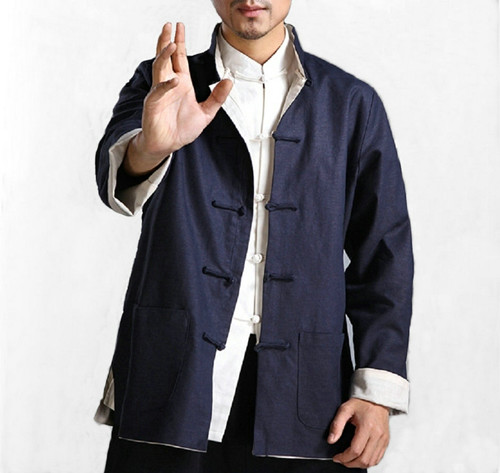 Style chinois Tang costume haut Vintage lin deux veste latérale pour hommes uniformes d'arts martiaux