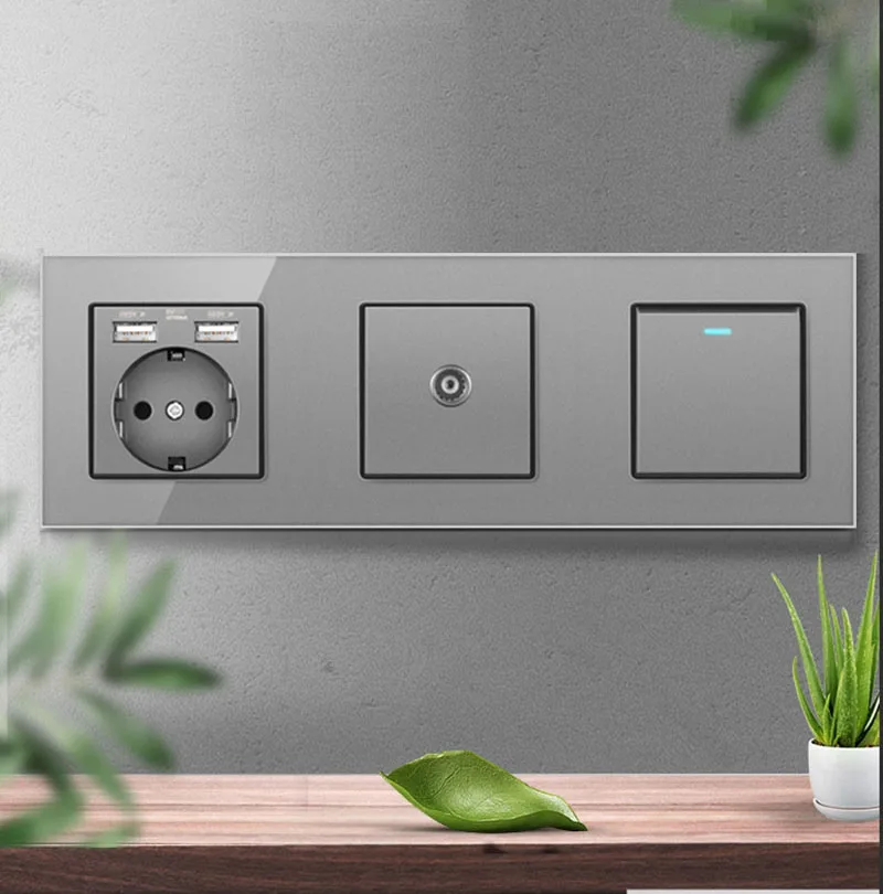 Novski wall mounted module DIY European standard gray crystal glass panel socket switch button function module combination