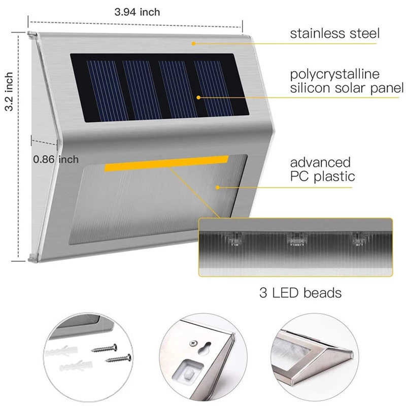 LED Outdoor Stainless Steel Solar Path Stair Light Solar Deck Lights Balcony Garden Yard Fence Light Waterproof 3 LED Light