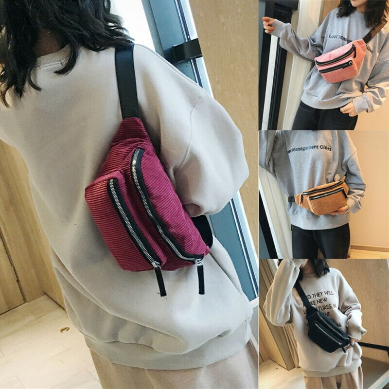 Women Waist Packs Fanny Pack Nylon Corduroy Belt Zipper Waist Bag Casual Chest Bum Bag