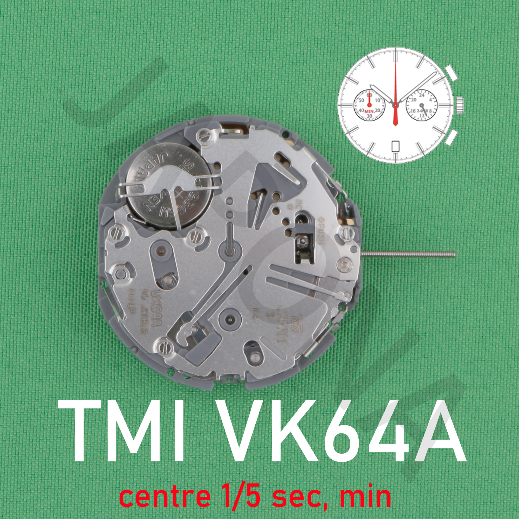 Movimiento VK64 Movimiento japonés TMI VK64A Chrono (centro 1/5 seg, min) 24 horas, fecha Movimiento de cuarzo con sincronización precisa