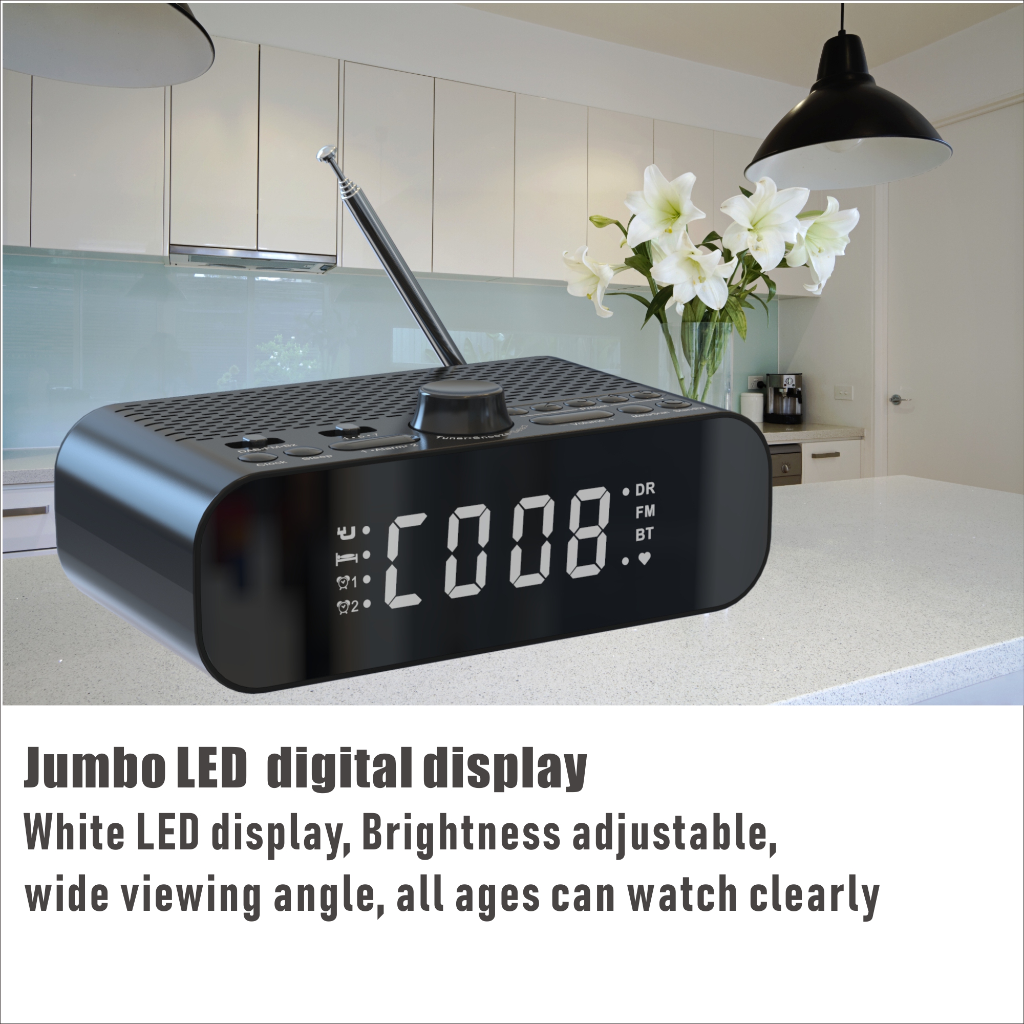 DAB FM Radio Clock Alarm Speaker Bluetooth USB charger Horizon With Bass Diaphragm High-definition LED Display