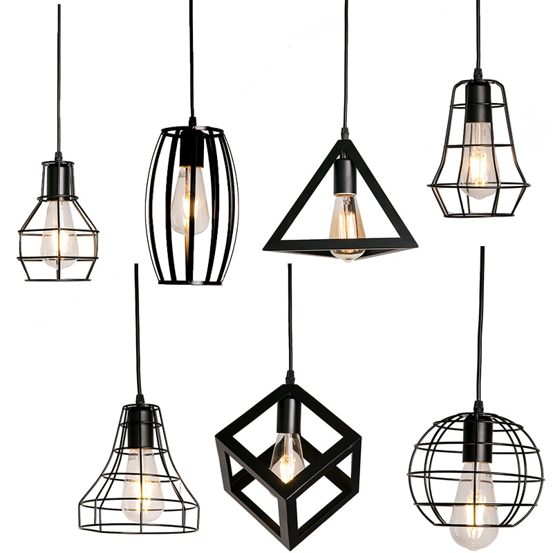 7 type moderne sorte bur pendel jern minimalistisk retro nordisk loft pyramide lampe metal hængende lampe  e27 indendørs