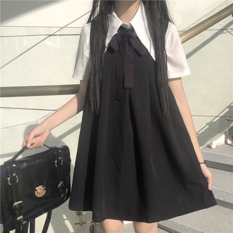 Japanse zoete college tweedelig overhemd met korte mouwen strik + geplooid vest jurk vrouwelijke zomer schoolmeisjesuniform
