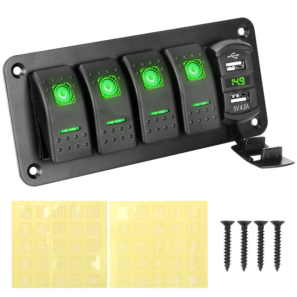 Voltímetro Digital para coche marino, impermeable, doble puerto USB, 4 bandas de palanca de interruptor basculante, 12V/24V, Panel de interruptor LED + pegatina: green 4 Gang