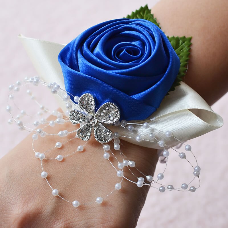 Bruidscorsage, bruidscorsage, polscorsage, parelarmband, handgemaakt polsbloemetje, bruidsmeisjeshandbloemen: Blauw