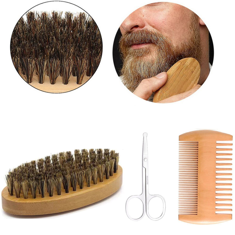 Mannen Scheerkwast Set Varkenshaar Draagbare Kapper Natuurlijke Baard Borstel Kam Schaar Voor Gezichtsreiniging Styling Tool