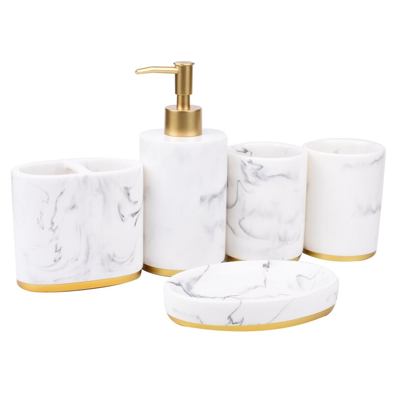 Badkamer Accessoires Set 4-delige Lotion Zeepdispenser, Tandenborstelhouder, Qtip Houder Dispenser, Vanity Tray voor Decor Badkamer Aanrecht, Vanity Organizer-Beige