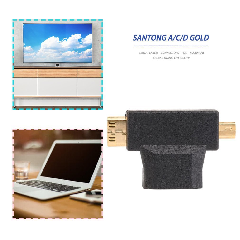 Black HDMI Type A Female to Male Mini HDMI Type C + Male Micro HDMI Type D Adapter