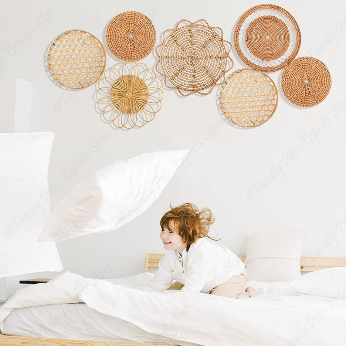 7 Uds. Decoración de pared de ratán bohemio, cestas tejidas colgantes, decoración bohemia para el hogar, decoración de pared de mimbre hecha a mano para dormitorio, granja