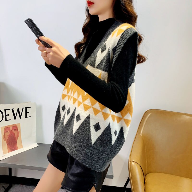 Trui Vest Vrouwen Breien Geometrische Argyle Retro Herfst Koreaanse Stijl Dames Truien Winter Alle-Match Uitloper Tieners Losse