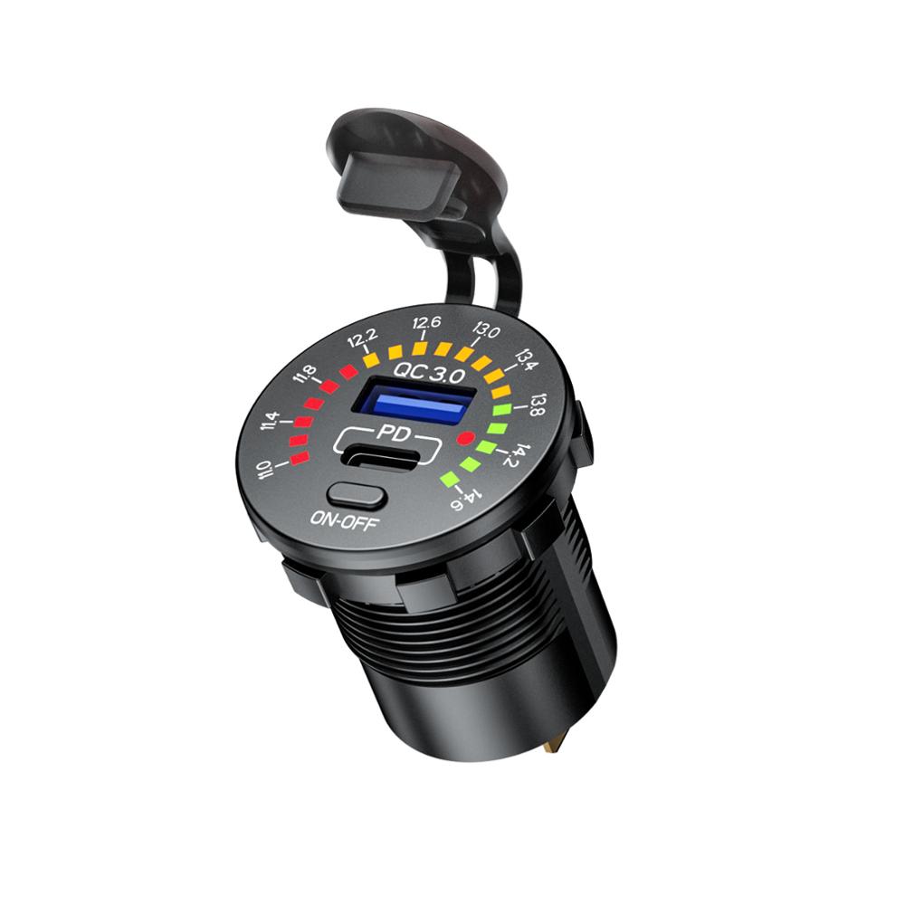 12V Schnell Ladung 3,0 USB 18W Typ C PD Auto Ladegerät Wasserdichte Steckdose Schnelle Ladung mit LED Voltmeter an aus Schalter: B