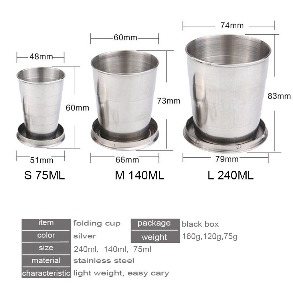 Huishoudelijke 60ml 150ml 250ml Roestvrij Staal Camping Vouwen Cup Draagbare Outdoor Reizen Demontabel Inklapbare Cup Met Sleutelhanger