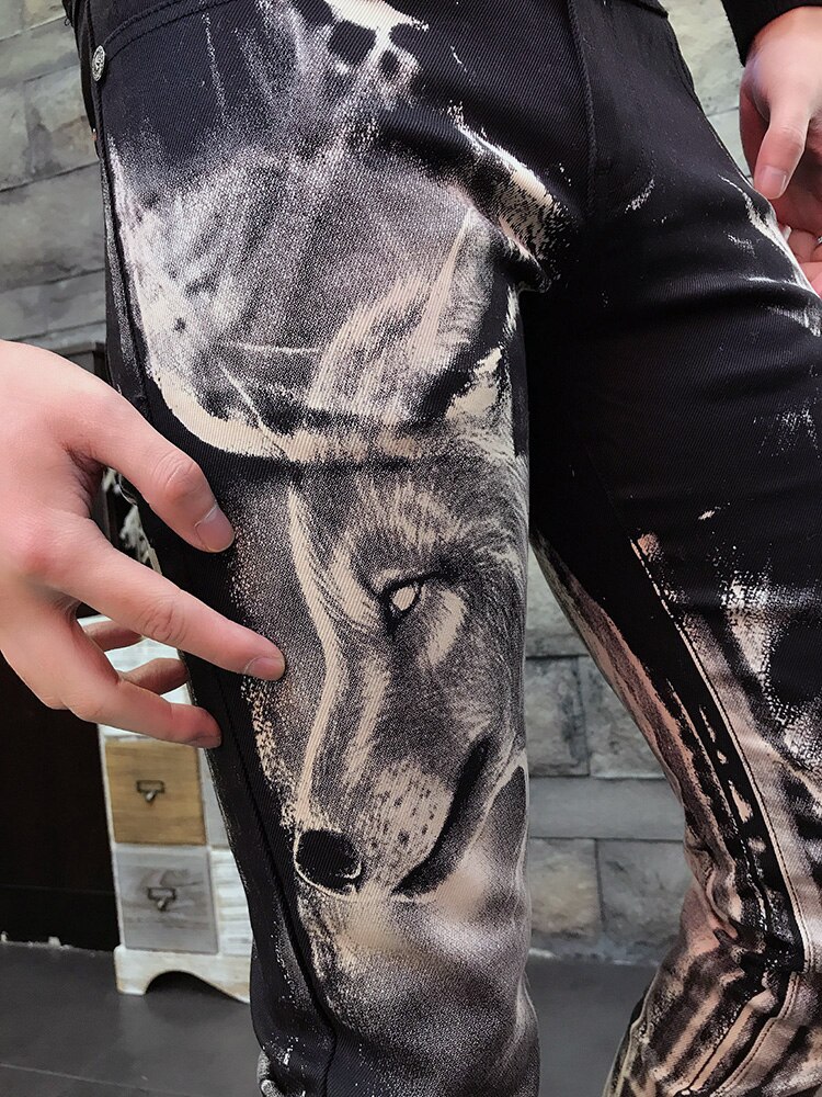 Menn tilfeldig jeans med ulveprint herre 3d mønster farget tegning malebukser slank tøye ut bomull dongeribukser