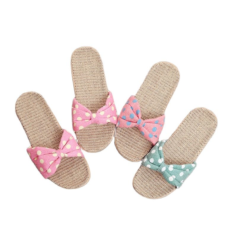 Suihyung Summer Home Shoes For Girls Polka Dot Bow Women Flax Slippers Indoor Casual Slides Floor Shoes Female Linen Flip Flops