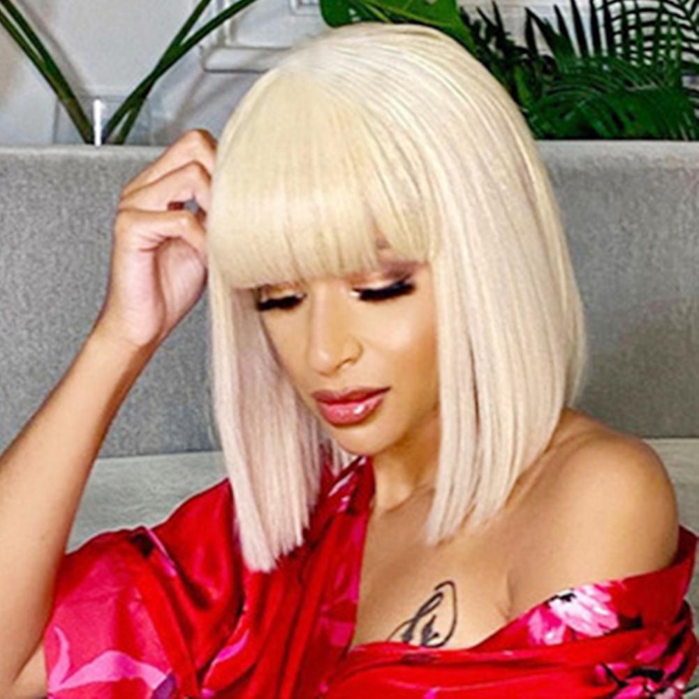 Peluca de pelo corto para mujer, pelo sintético resistente al calor, sedoso, fibra de alta temperatura, recto con flequillo, Bobo, Rubio, negro