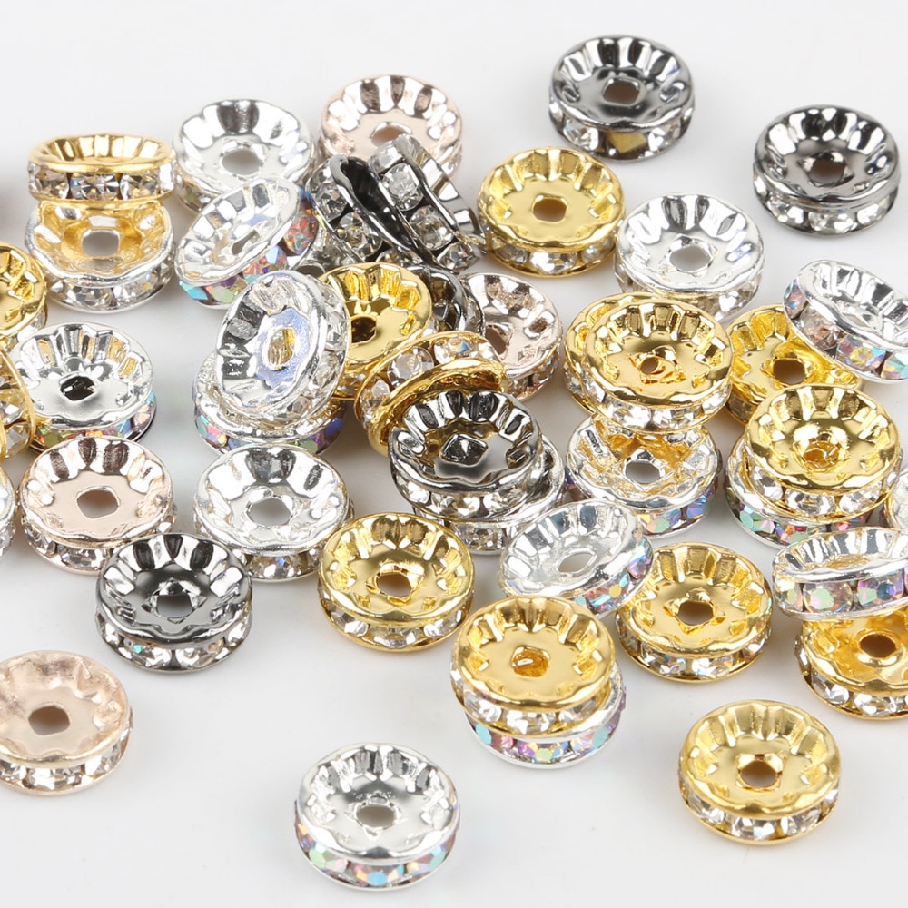 50pcs 4/6/8/10mm Gold/Silver Plated Crystal Rhinestone Beads Round Rondelle Spacer Beads For Jewelry Making DIY Accessories