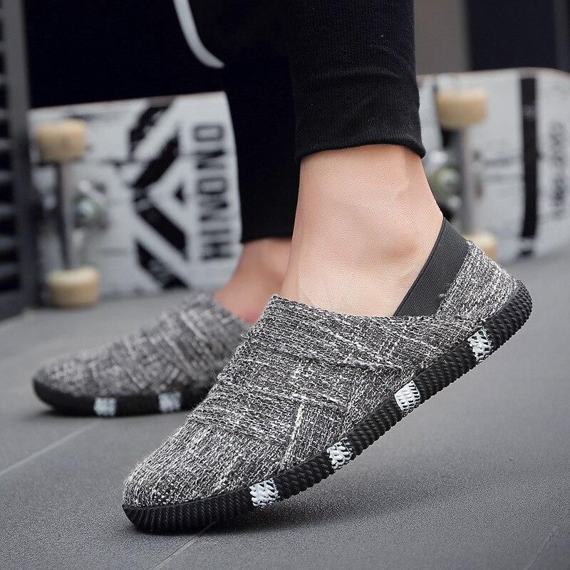 Baskets légères en chanvre pour hommes, chaussures plates respirantes à enfiler, mocassins à semelle souple: Black / 44