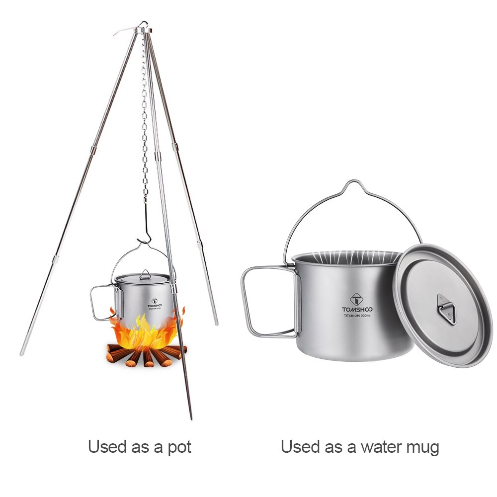 TOMSHOO 900ML Portable Titanium Pot Titanium Water Mug Cup with Lid and Foldable Handle for Outdoor Camping Cooking Picnic