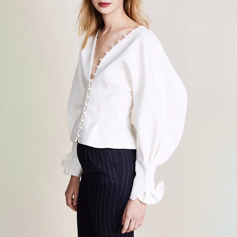 Chiquever branco minimalista blusa para mulher decote em v lanterna manga longa fino elegante blusas casuais femininas roupas de moda outono