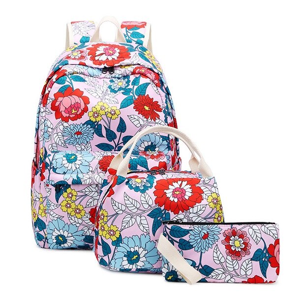 Fengdong 3 stuks/set chinese stijl tienermeisjes schoolrugzak bloemen schooltassen voor vrouwen meisjes bloemenrugzak boekentas pennenzak: Roze