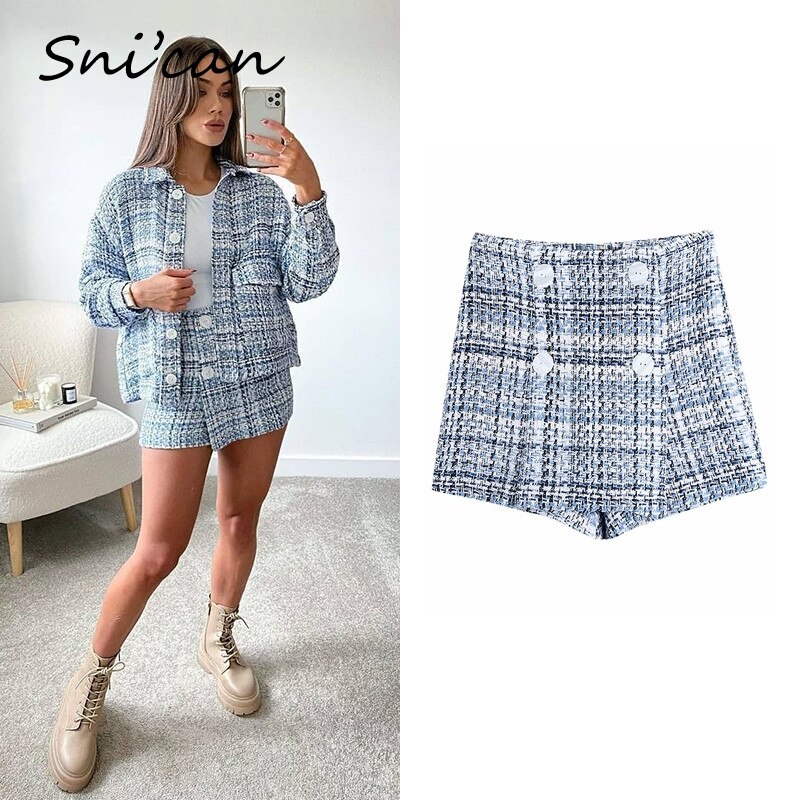 Pantalon à carreaux en Tweed avec boutons pour Femme, tenue courte pour bureau, Vintage, uniforme, taille haute, bas Chic, Za,