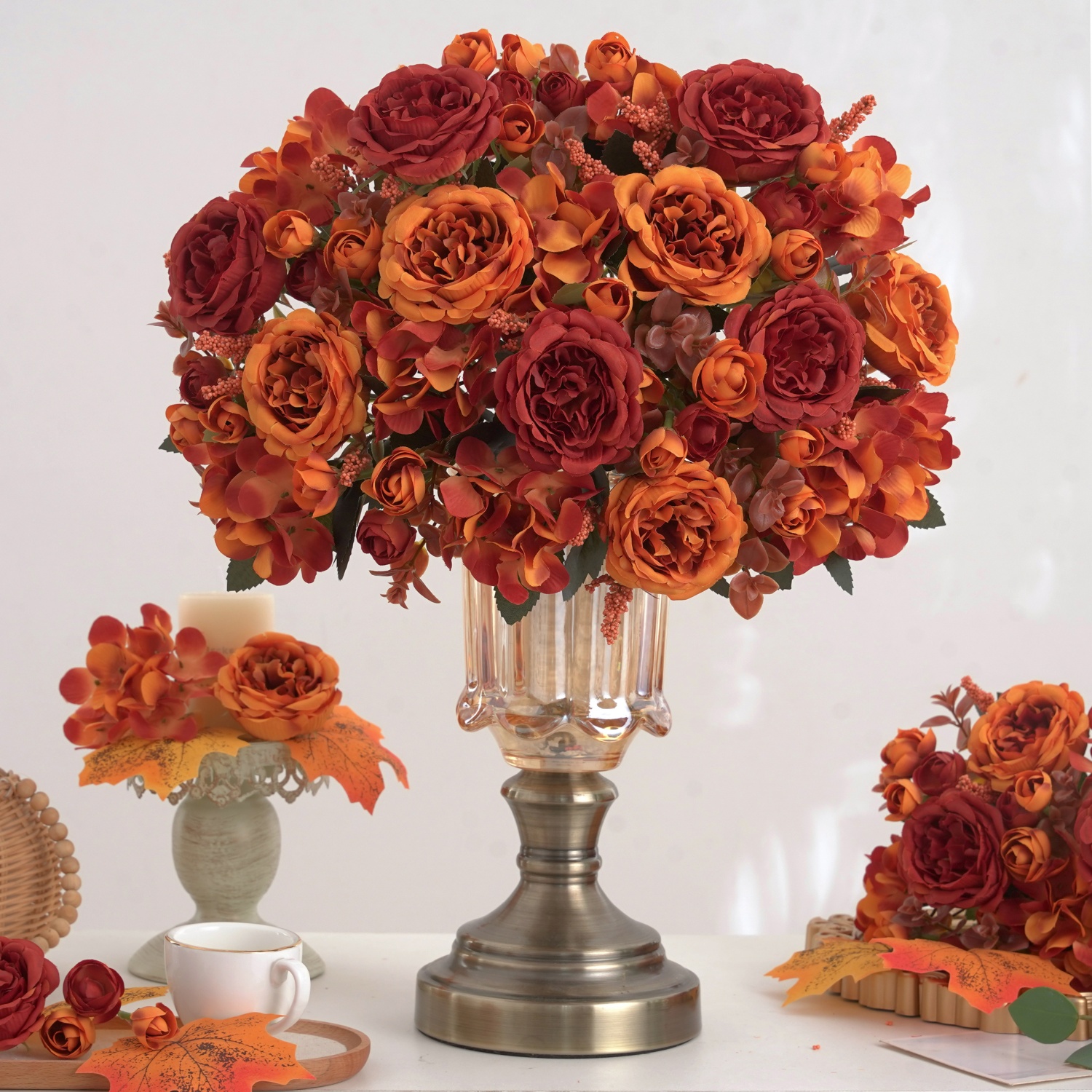 1/5 PCS Vibrant Autumn Artificial Peony & Hydrangea Bouquet | Fall Floral Arrangements for Wedding, Home, Room Party Decor
