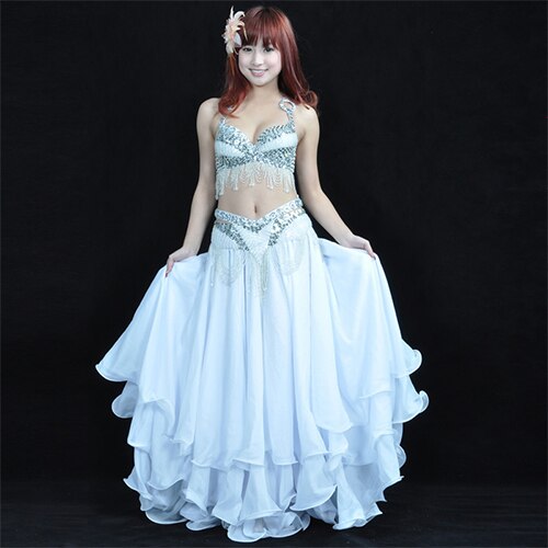 Ropa de baile de rendimiento, conjunto de danza del vientre, 2 uds., conjunto de traje de danza del vientre egipcio para mujer,: Silver