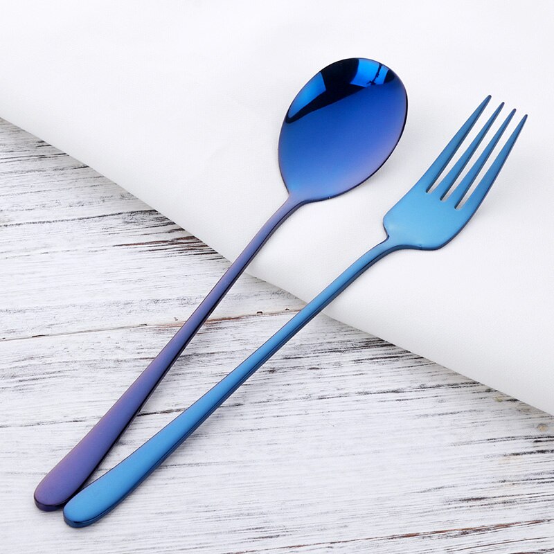Colher de sobremesa em aço inoxidável, 2 paredes, garfo de sobremesa, dourado, alça longa, para sopa, salada, utensílios de café, prata, imperdível: Dark Blue 2pcs