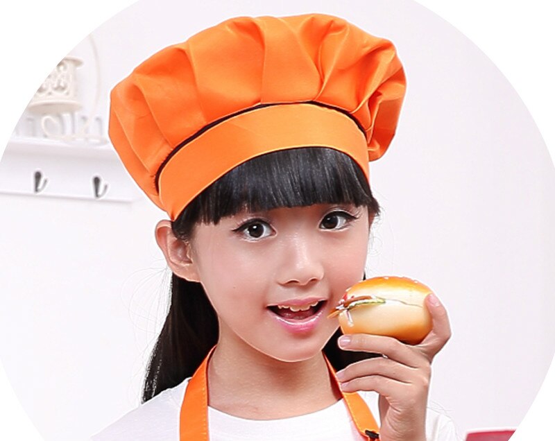 Kid Chef Hat Children's Baking Hat Cute Girls Boys Food Service Kitchen Work Caps Solid Pleated Top Painting Hats: Orange
