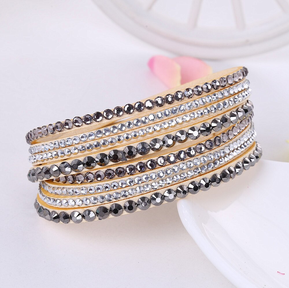 Stijl Lederen Armband Strass Kristal Armband Multilayer Hologram Armbanden Voor Vrouwen Sieraden: l