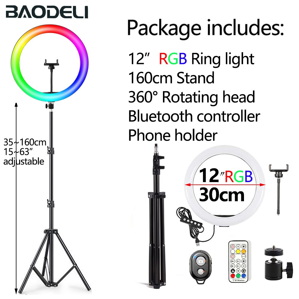 Anillo de luz Led para Selfie, lámpara de luz de relleno circular de 30cm, 12 pulgadas, con trípode y soporte para teléfono: 12in 160cm B
