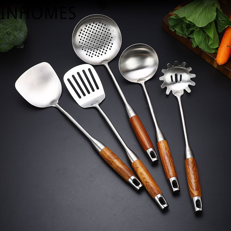 Rosewood Handle Stainless Steel Wok Spatula Skimmer Slotted Shovel Turner Rice Spoon Serving Utensil Set Kitchen Cooking Tools
