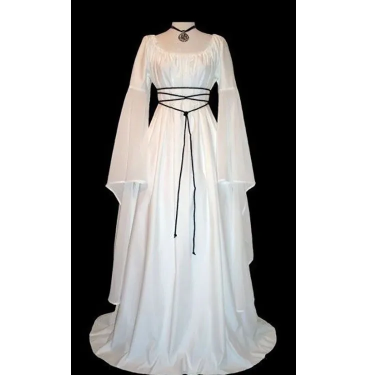 Robe Longue Vintage Style Medieval pour Femme, Tenue de Sol Gothique, Retro, Cosplay, ixd'Halloween et Carnaval, 303: M / WHITE