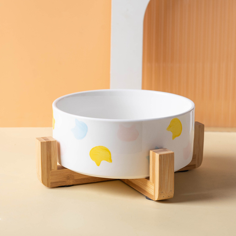 Ceramics Dog Bowl with Wood Mat Wide Mouth Feeding Bowls Food and Water Pet Feeder for Cat Puppy Protecting Cervical Spine: M / PURPLE