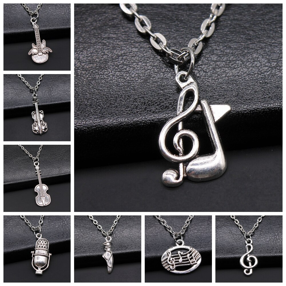 Musical Jewelry For Women Men Girl Boys Musical Note Microphone Drum Guitar Violin Pendant Necklace Antique Silver Color