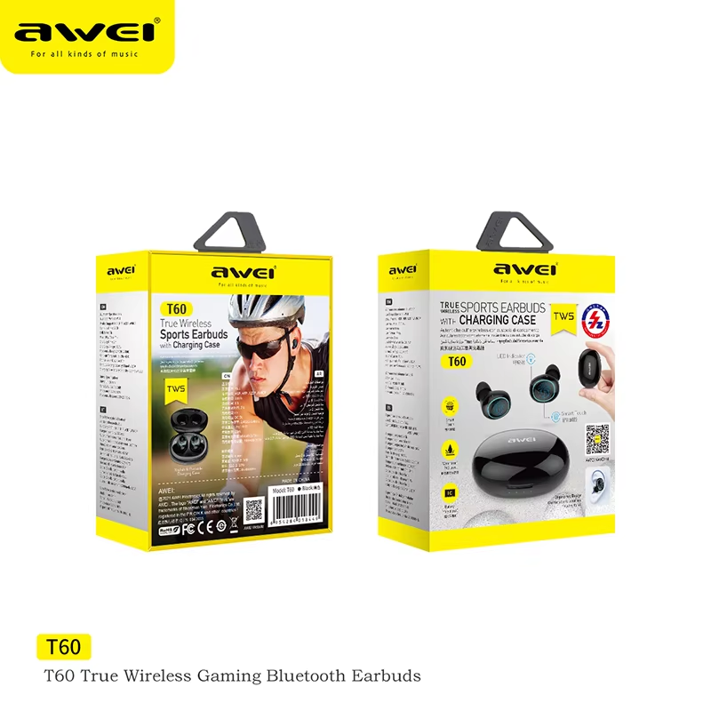 AWei-auriculares T60 con Bluetooth 5,1, cascos inalámbricos TWS, intrauditivos, miniauriculares deportivos con pantalla de luz LED y micrófono
