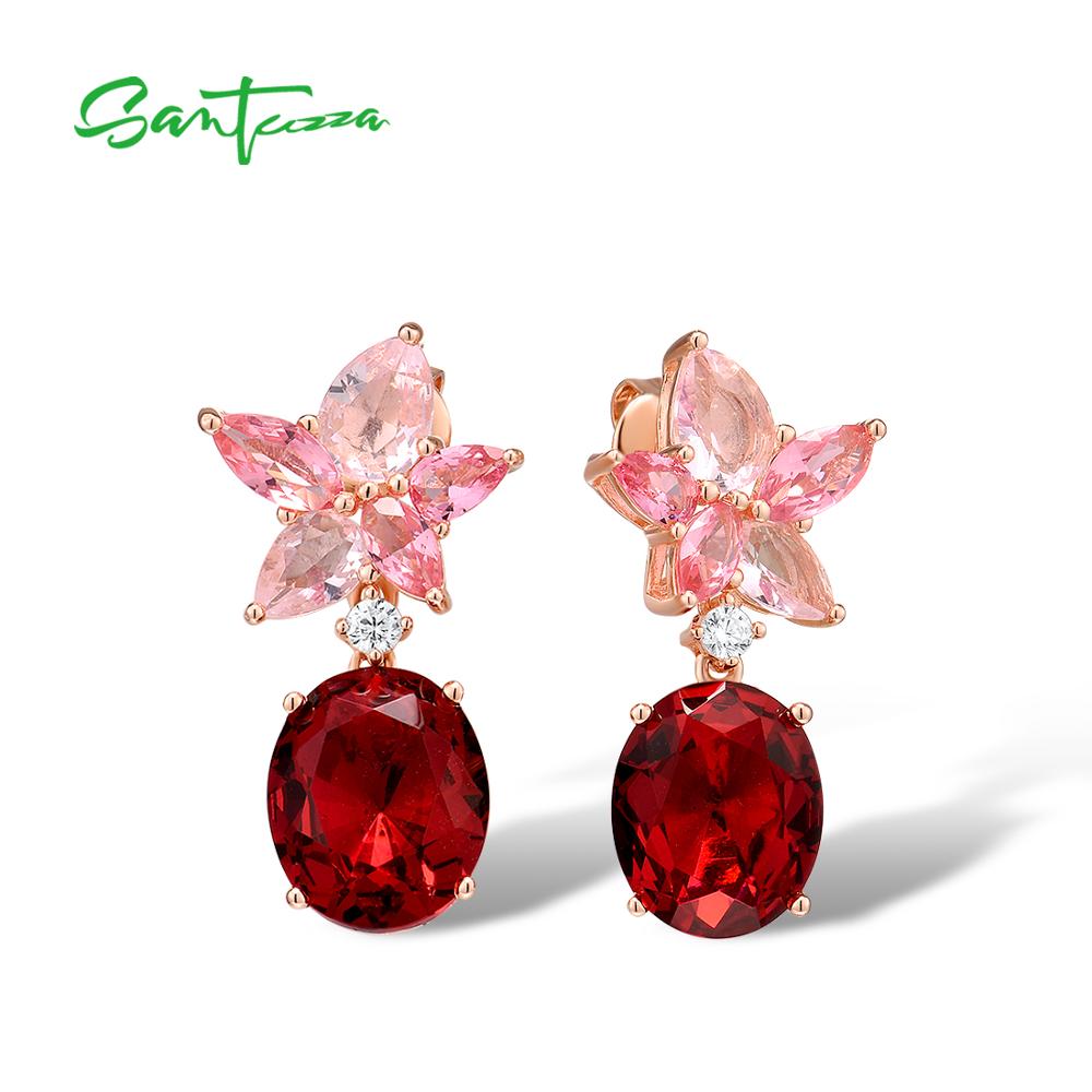 Boucles d'oreilles en argent SANTUZZA pour femmes pur 925 en argent Sterling scintillant rose fleur ovale pierres rouges glamour