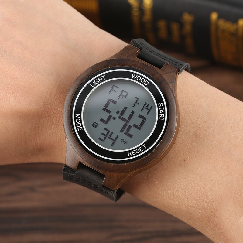 LED Display Watch Men's Luxury Brand Wood Watch Night Vision Digital Watches Men Handmade Wooden Men Clocks reloj hombre: Ebony Wood