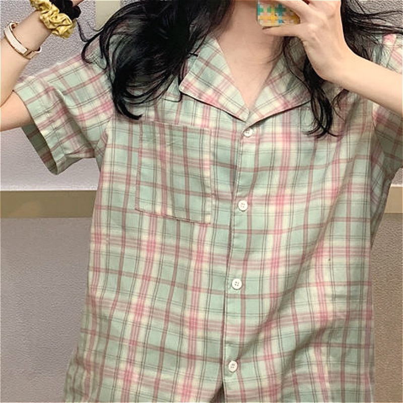 Pyjamassæt kvinder fransk stil plaid løst trendy sommer kortærmet dame todelt nattøj dejligt enkelt venner hjemmetøj