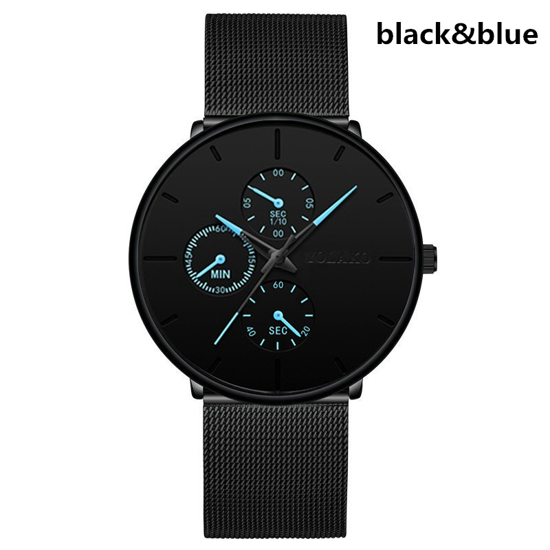 Elegante Heren Horloge Business Blue Rvs Mesh Riem Quartz Horloge Luxe Mannen Ultra Dunne Ongedwongen Klassieke Horloges: Black Blue