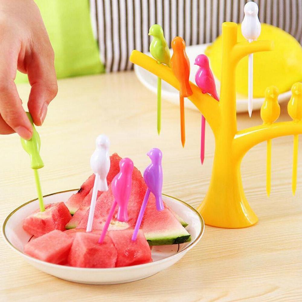 1 Stand+6 Forks Toothpick Fruit Tool Kitchen Gadget Birds Tree Birdie Fruit Fork Cartoon Tree Shape Party Fork Tableware Set