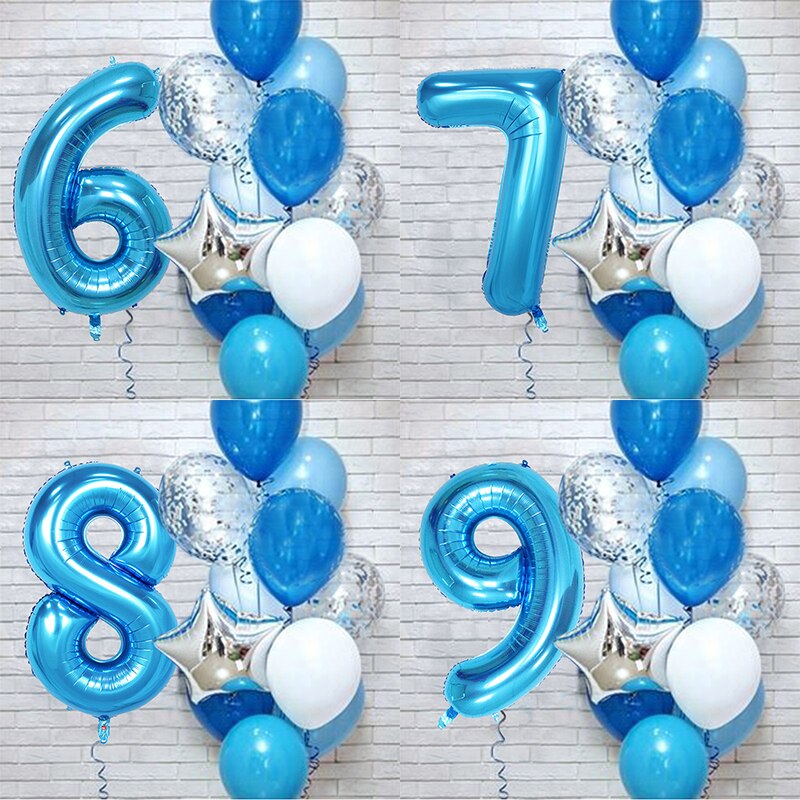 PartyLab 12Pcs/set Number Foil Latex Blue Balloons for Kids Birthday Decoration 1st One Year Birthday Boy Decor Baby Balloon