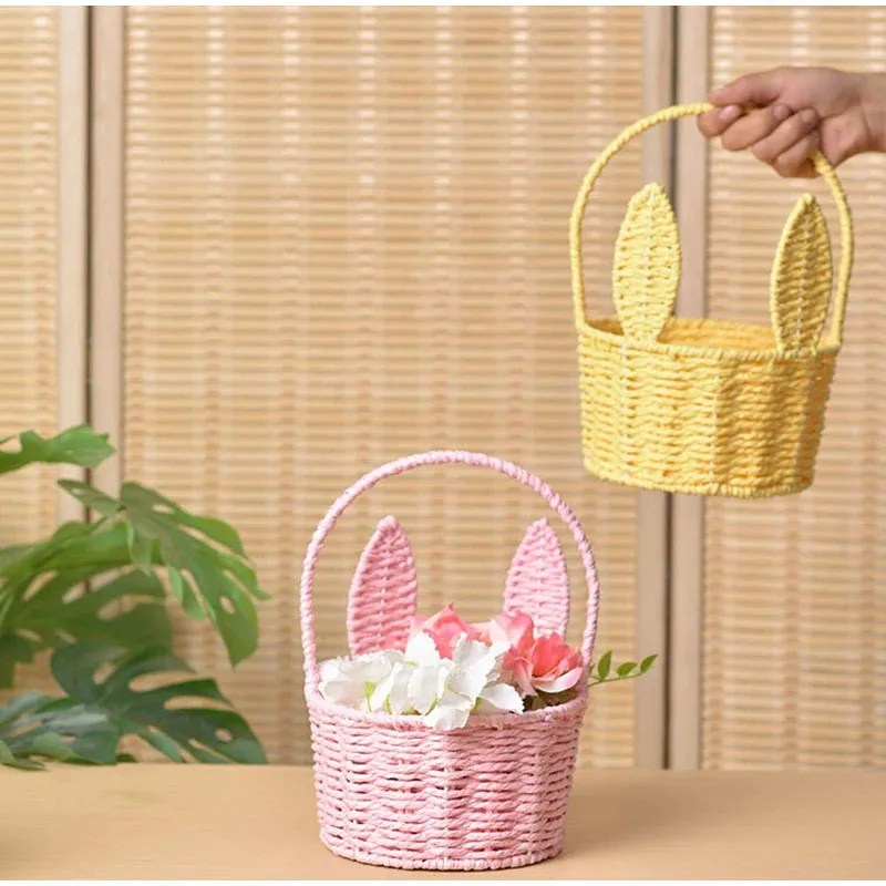 Cute Bunny Ears Woven Basket Paper Rope Braided Flower Basket Easter Decoration Home Picnic Fruit Hand-held Sundries Organizers
