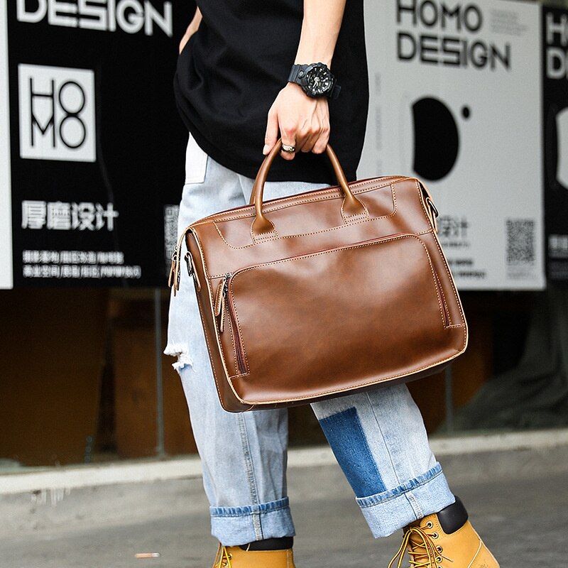 Pu Huid Bedrijfsaktentas Man 14 Inch Computer Pakket Toevallige Messenger Bag Mannen Schouder Laptop Tas Voor Maletines Hombre Cuero
