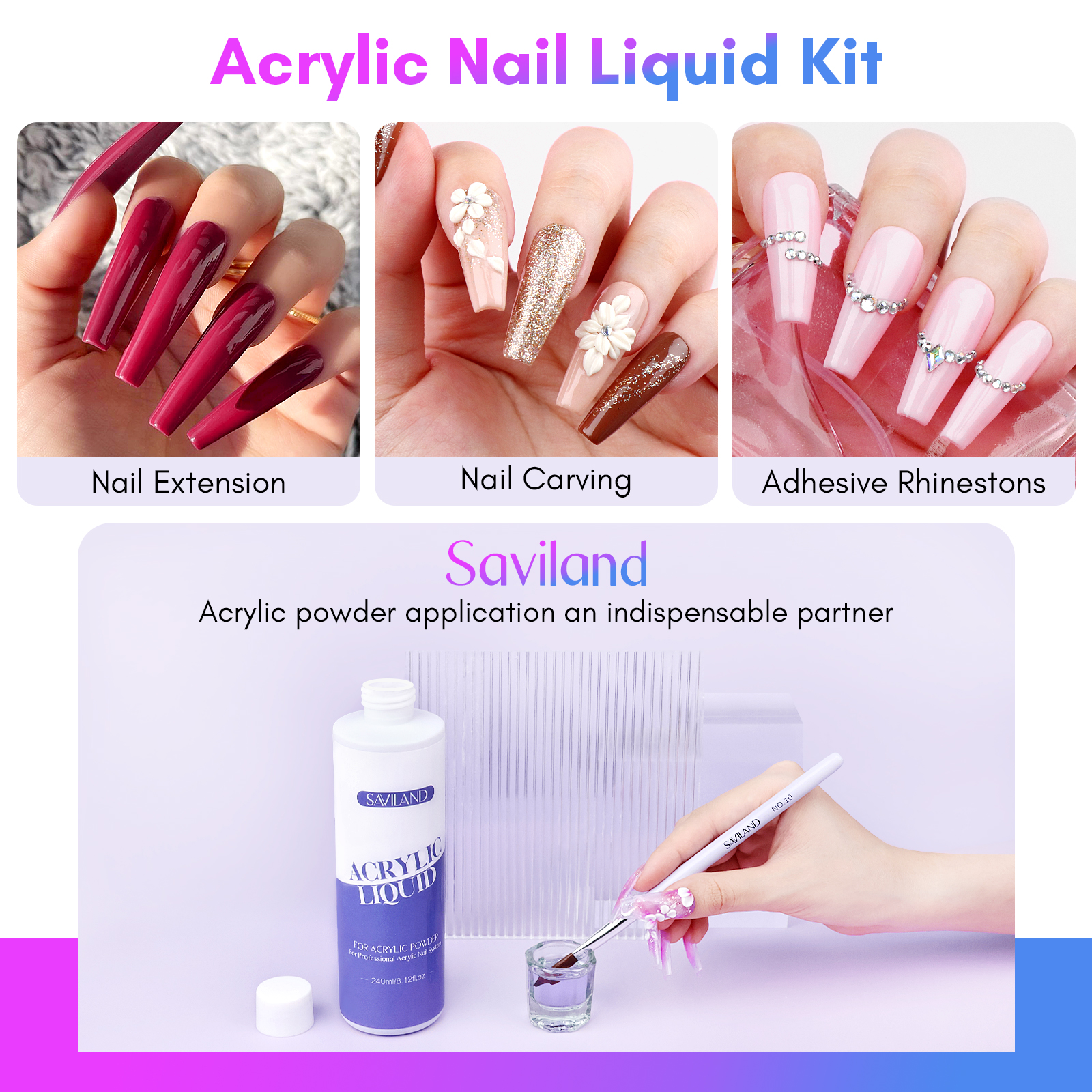 Saviland-líquido acrílico para uñas monomero, 240ml, con 3 uds., pinceles acrílicos, tamaño 8/10/14 para extensión de uñas en polvo acrílico, salón DIY