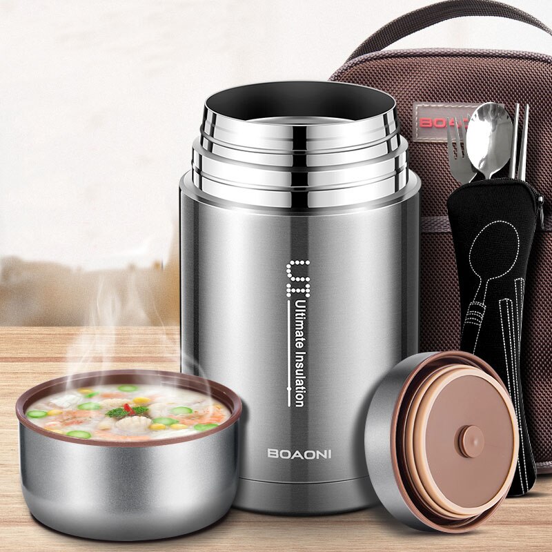 BOAONI 800ml Food Thermal Jar Vacuum Insulated Soup Thermos Containers 18/8 Stainless Steel Lunch Box with Portable Bag: 1000ml / grey