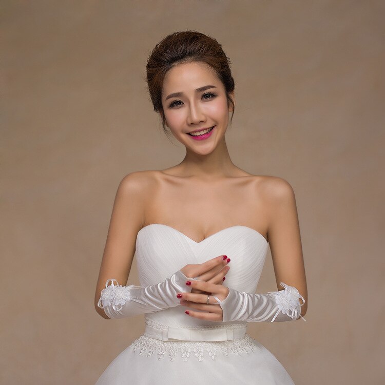 JaneVini 2018 tanie białe rękawiczki ślubne z kwiatami długie łokcie bez palców satynowe rękawiczki ślubne na ślub panny młodej akcesoria