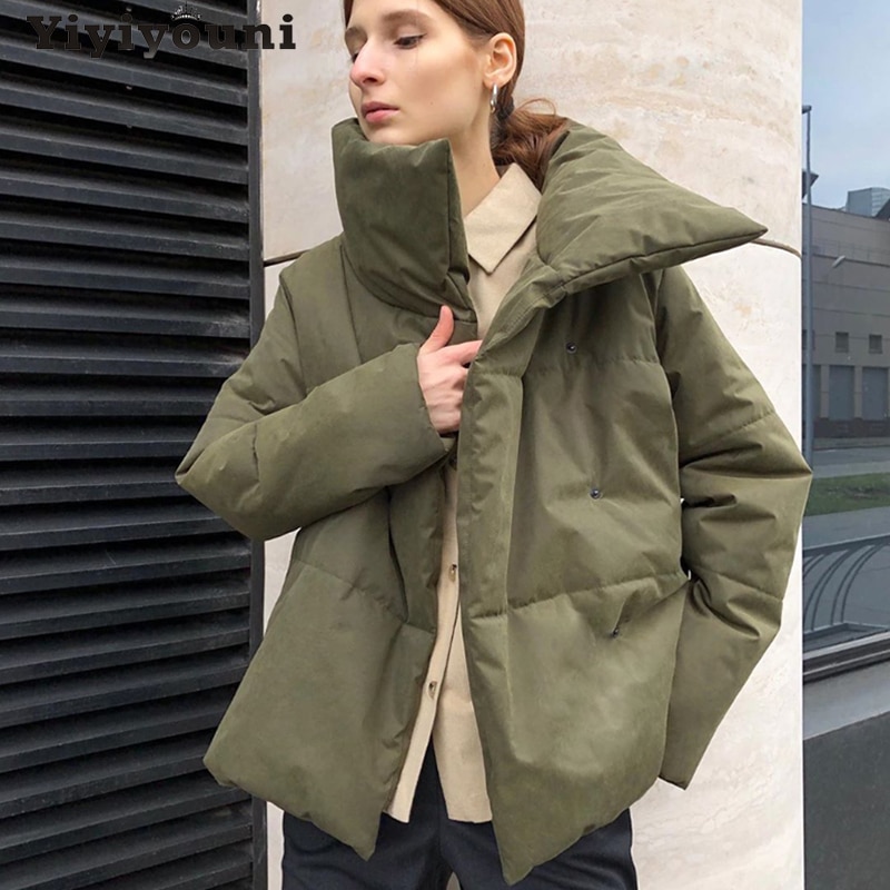 Yiyiyouni oversized cropped varma vinterjackor dam bomull vadderad parkas ytterkläder kvinnor solid casual tjocka jackor dam