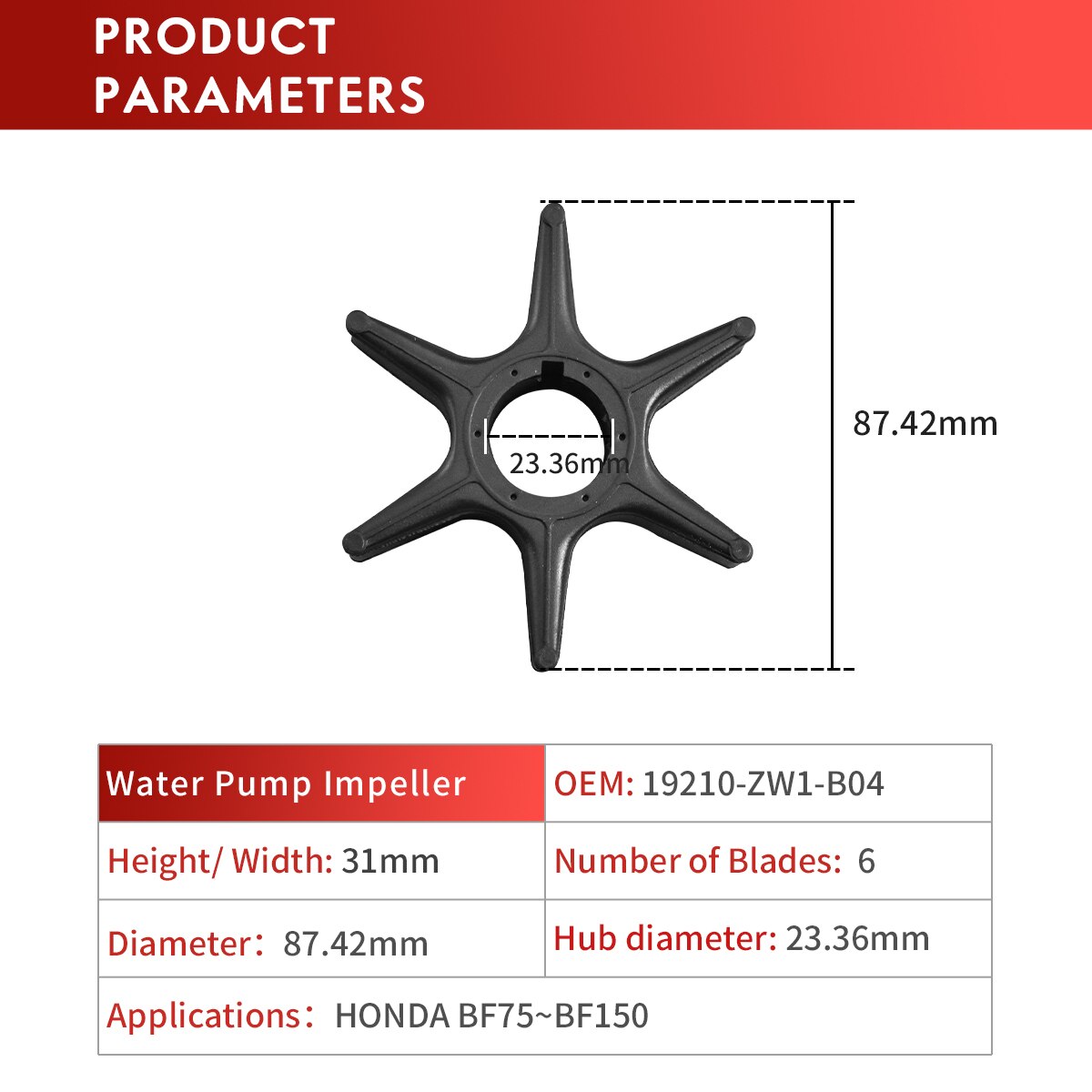 Water Pump Impeller for Honda Outboard Engine 75HP 90HP 115HP 135HP 150HP Motor Impeller for Bf75/90/115/135/150 19210-ZW1-B04